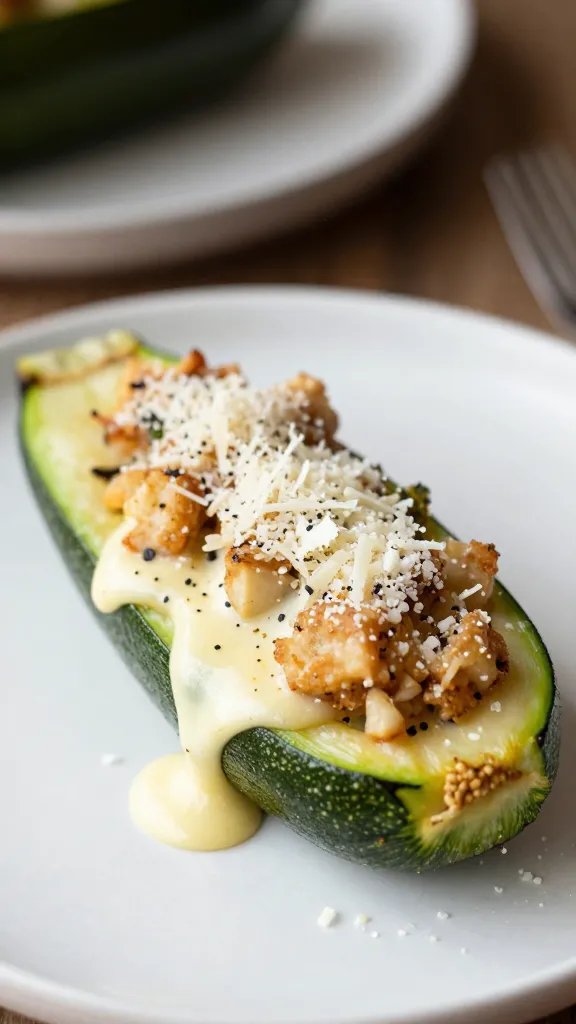 grated parmesan melting on a single stuffed zucchini boat