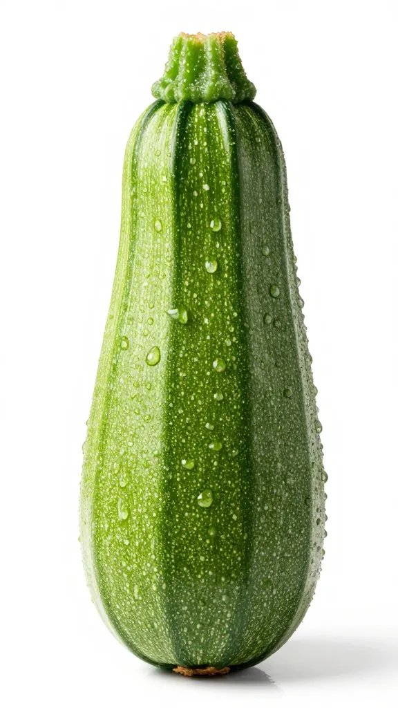 single medium zucchini beaded with water droplets, macro