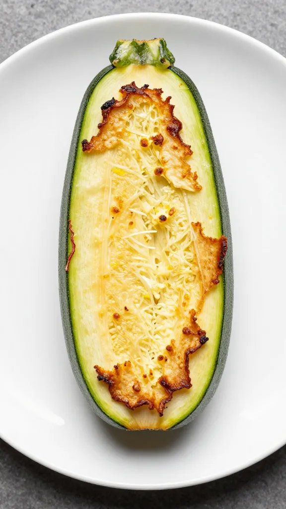 finished zucchini boat with crisp-tender edges, white plate
