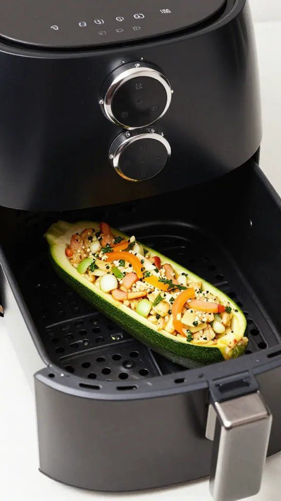 air fryer drawer open, one stuffed zucchini boat inside