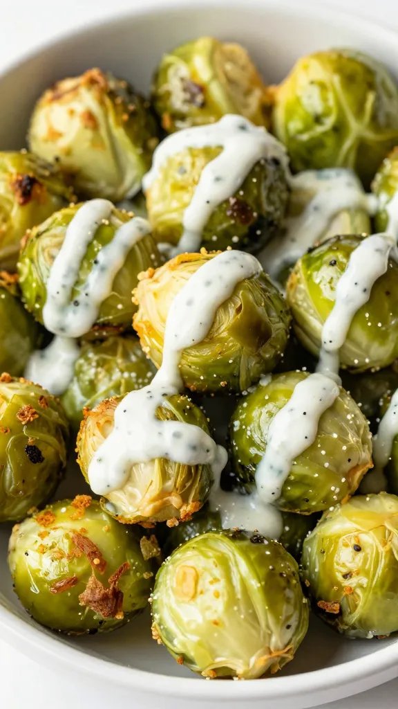 closeup bowl of air-fried brussels sprouts with ranch dusting
