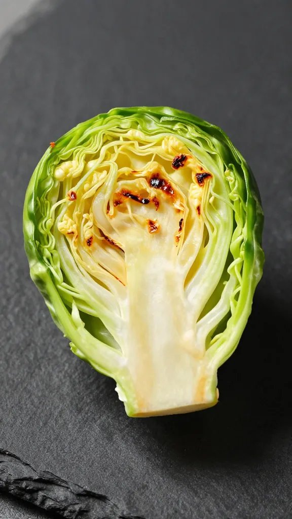 single halved brussels sprout, blistered edges, on black slate