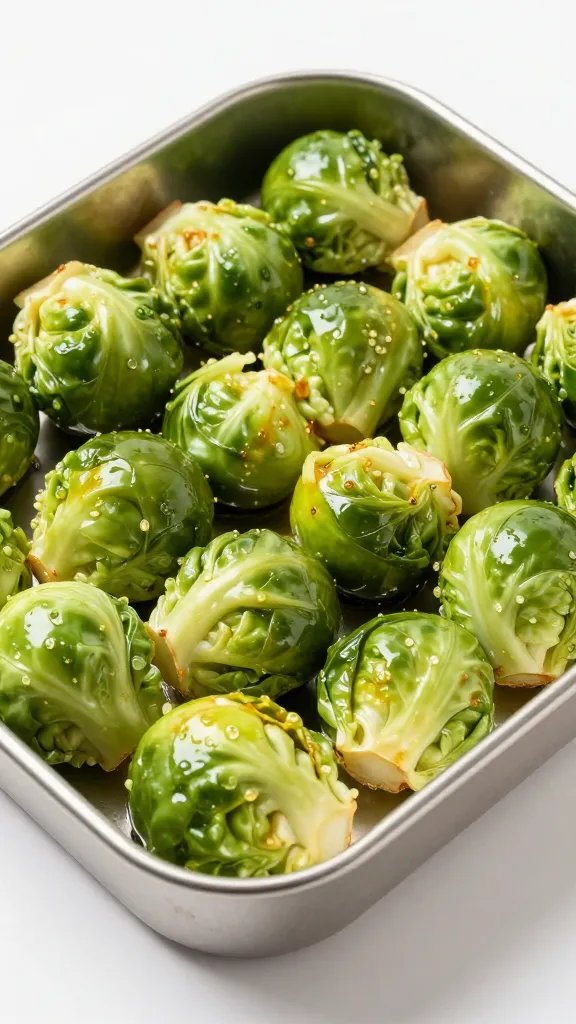 glossy oil-coated brussels sprout pre-air-fry, stainless tray