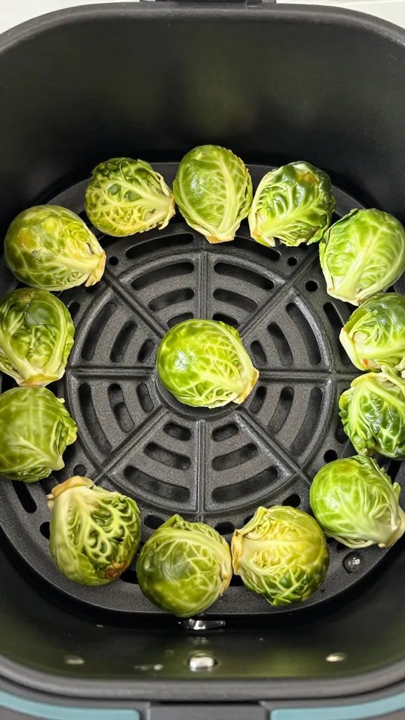 air fryer basket with one crisp brussels sprout center-frame