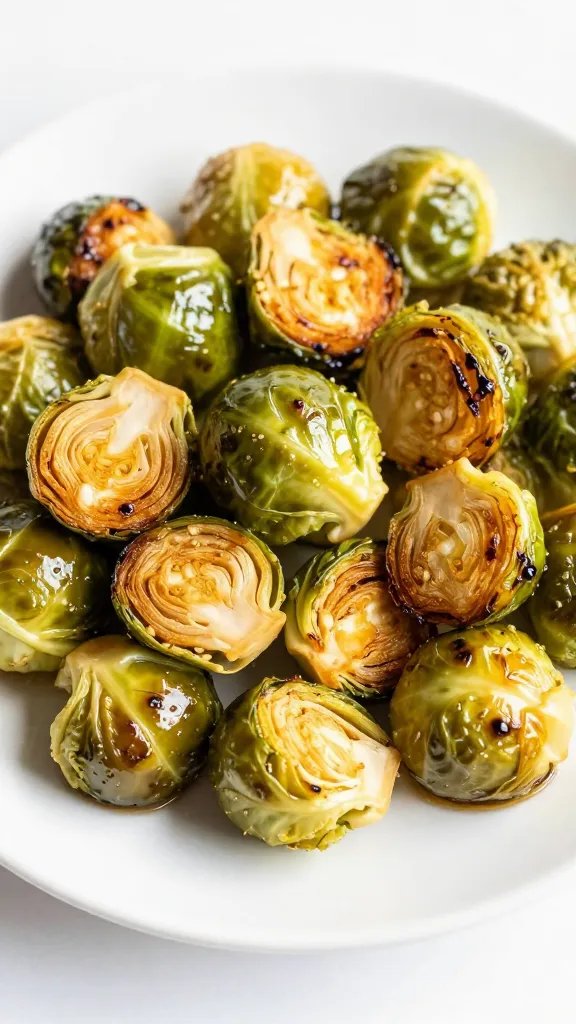 golden-browned brussels sprout with visible char, white plate