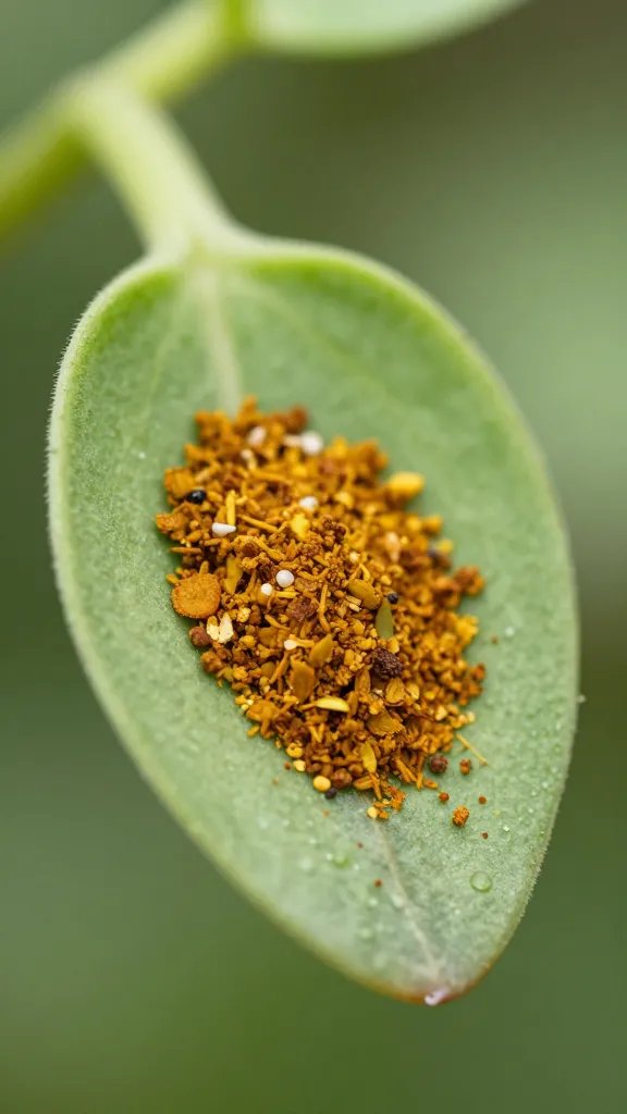ranch spice mix clinging to single sprout leaf, macro