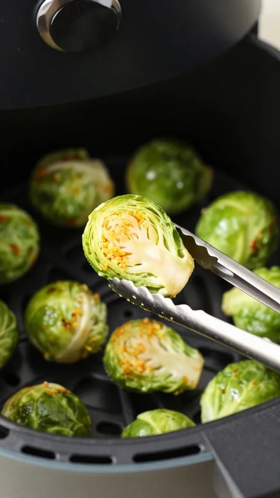 tongs holding one crispy brussels sprout over air fryer