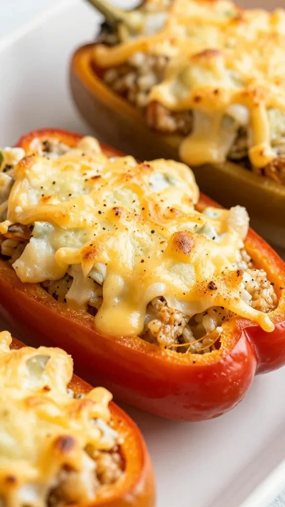 closeup keto stuffed pepper with golden cheese crust