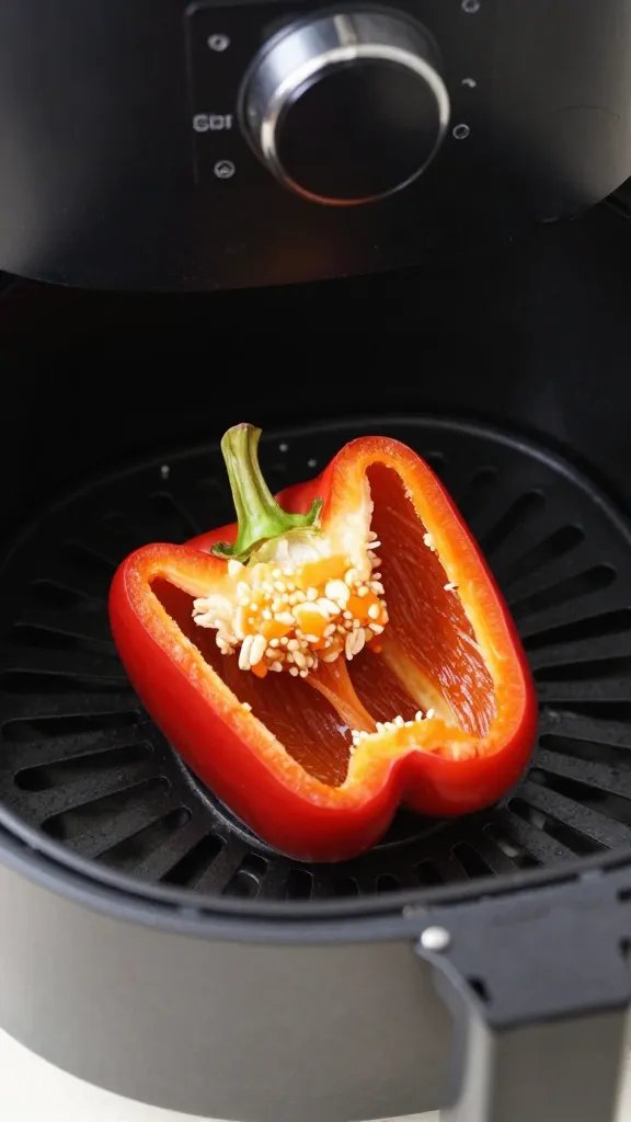 single air fryer basket holding one crisp stuffed pepper