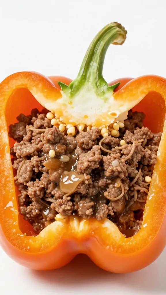 juicy ground beef filling inside halved bell pepper