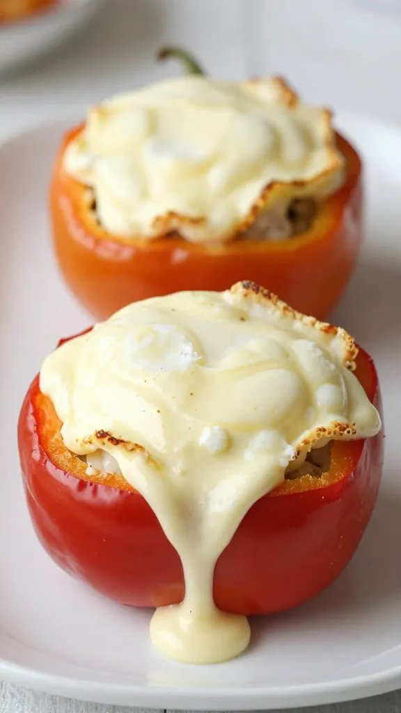 melted mozzarella crown on stuffed pepper, crisp edges