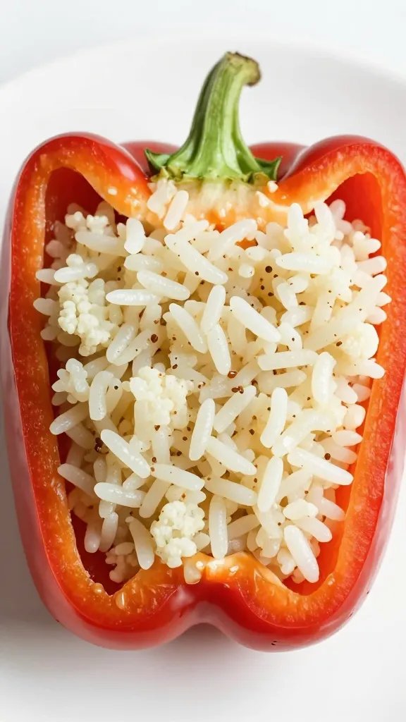 cross-section stuffed pepper showing moist cauliflower rice