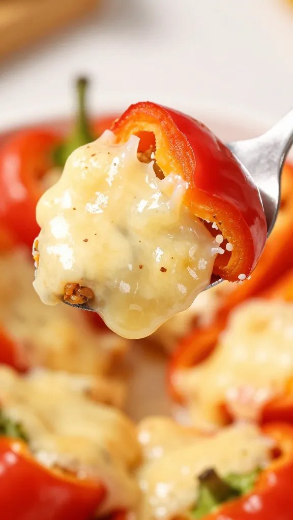 closeup spoon lifting cheesy stuffed pepper filling