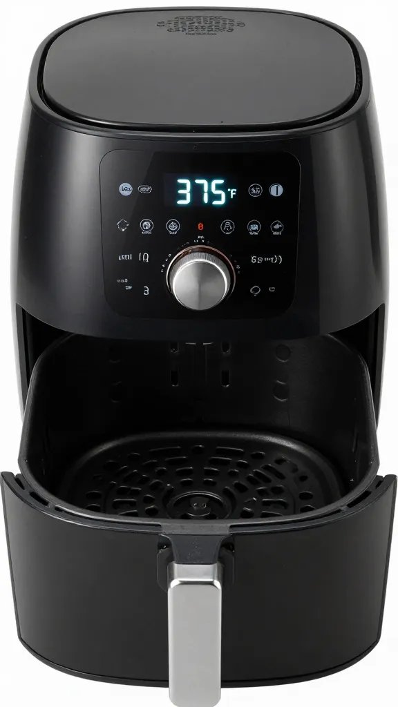 preheated air fryer display reading 375°F, empty basket