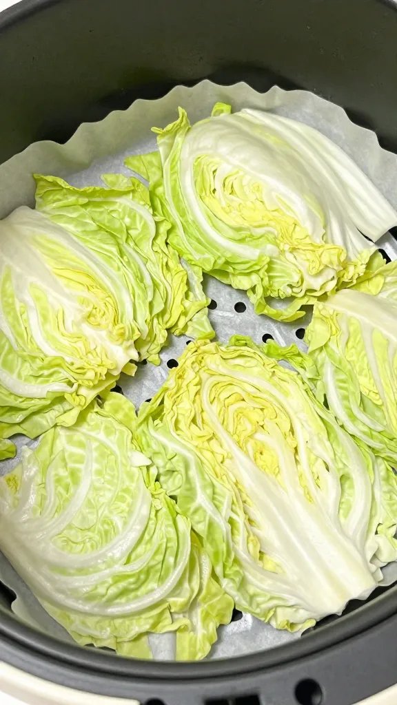 closeup of paper-crisp cabbage chips in air fryer basket