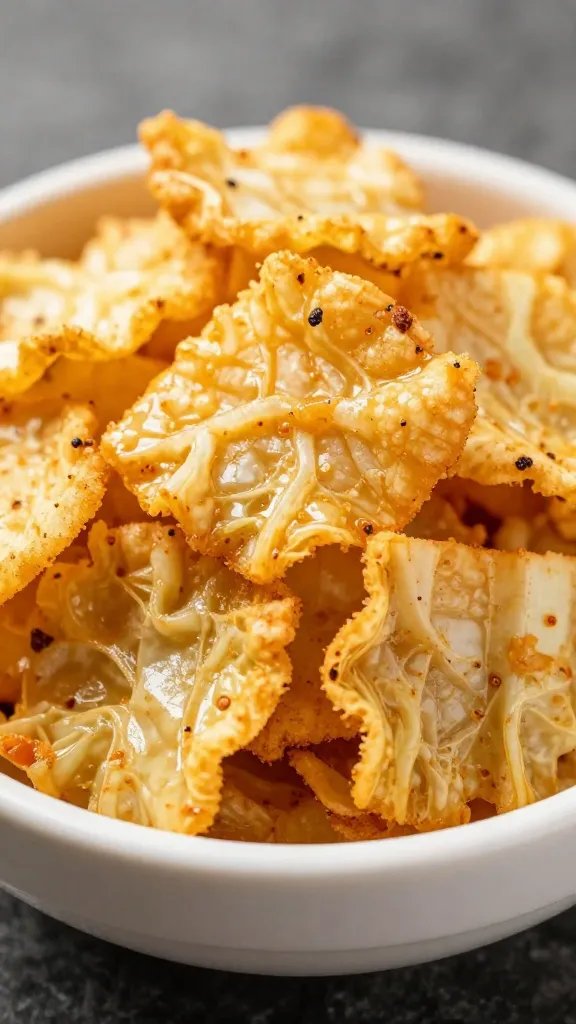 small bowl of Old Bay-dusted cabbage chips, macro