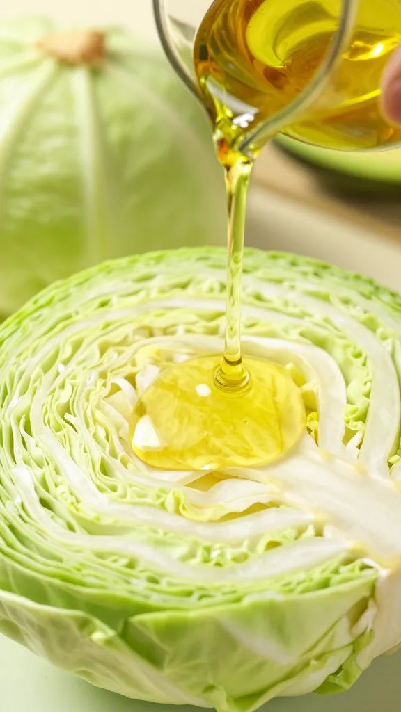 drizzle of avocado oil over sliced green cabbage, closeup