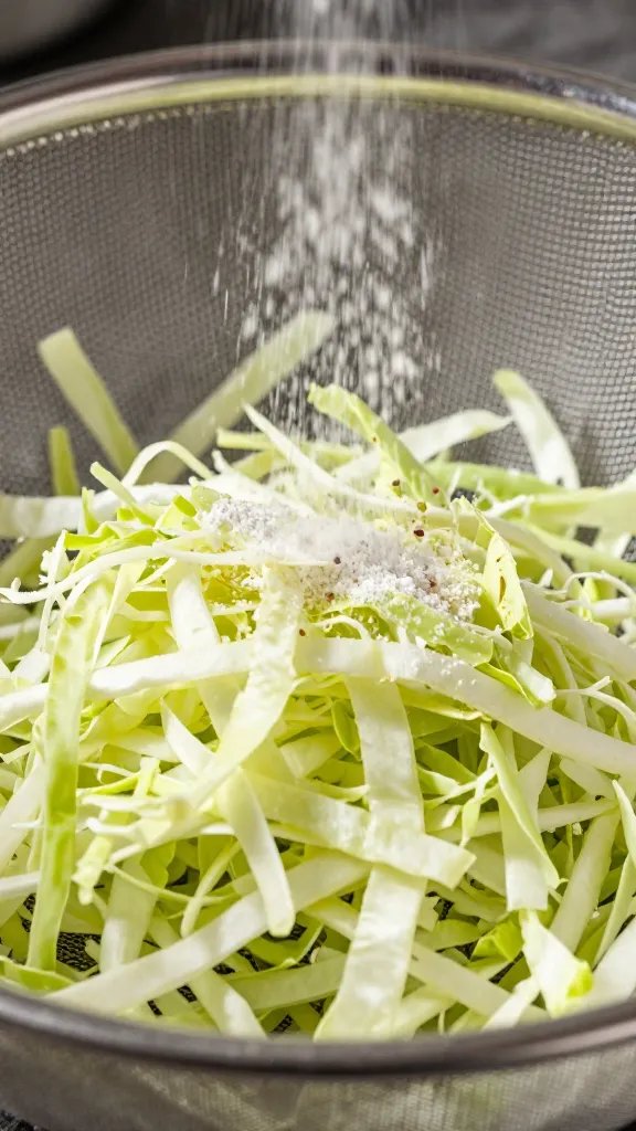 fine-mesh sieve dusting Old Bay onto cabbage shreds