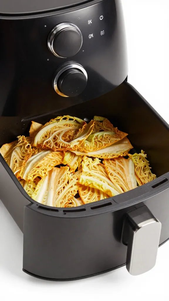 air fryer drawer slightly open with golden cabbage chips