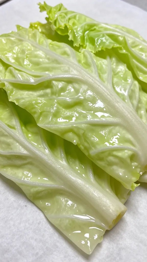 glossy oiled cabbage ribbons on parchment, macro detail