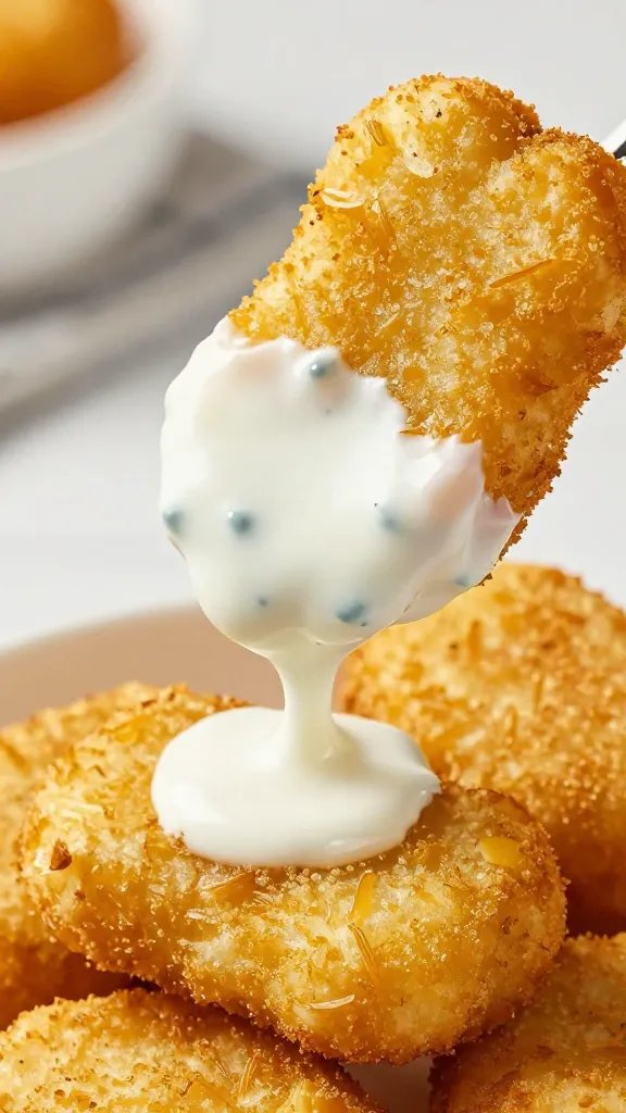 single broccoli nugget dipped in creamy ranch, drips visible