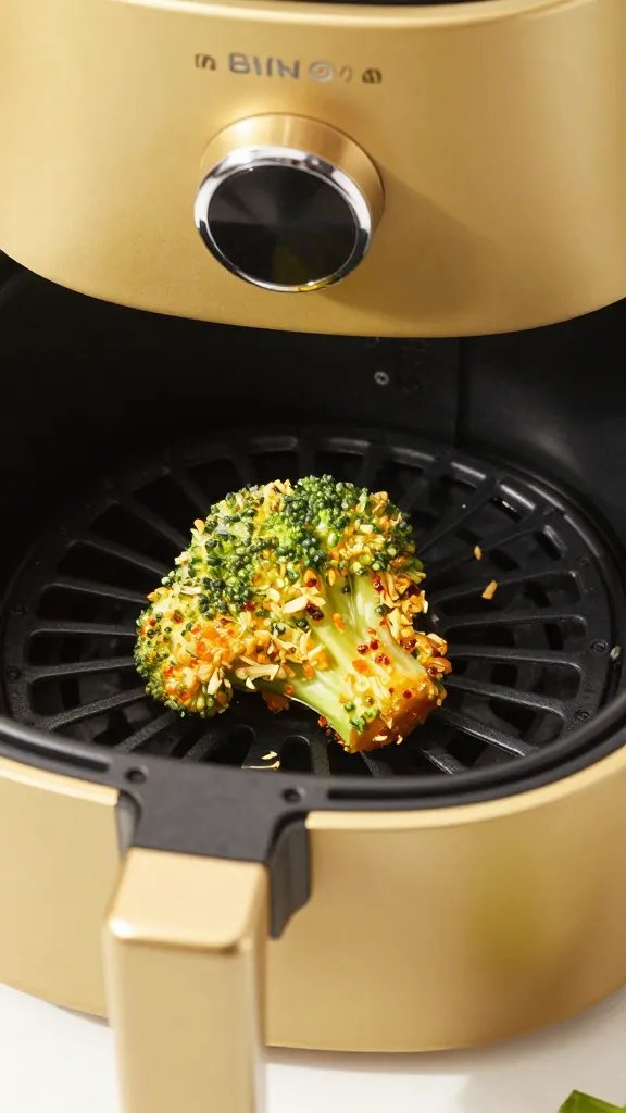 golden air fryer basket holding one broccoli nugget