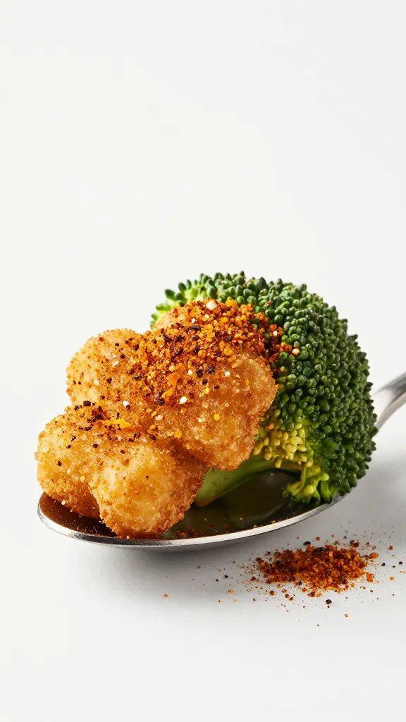 spoon sprinkling cajun dry rub over one broccoli nugget