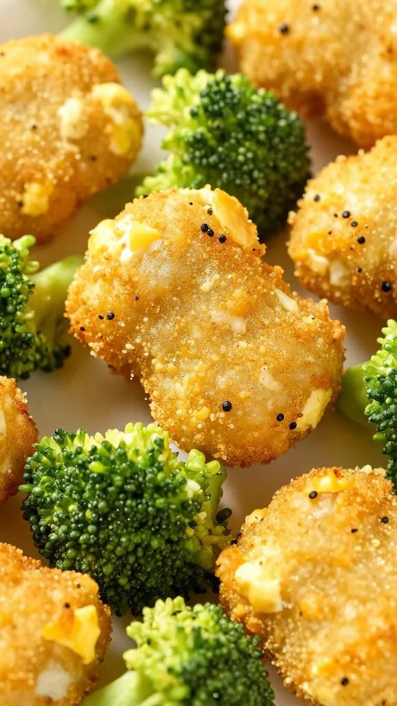 raw chopped broccoli and egg-bound nugget pre-fry, closeup