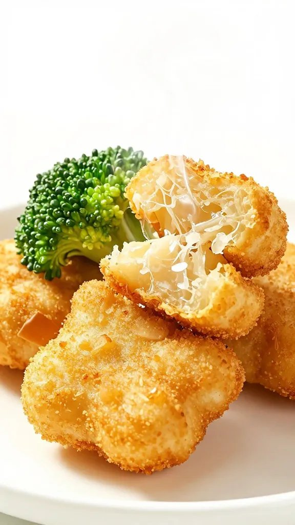 steaming hot broccoli nugget cracked open, textured interior