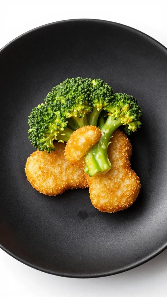 single plated broccoli nugget on matte black ceramic plate