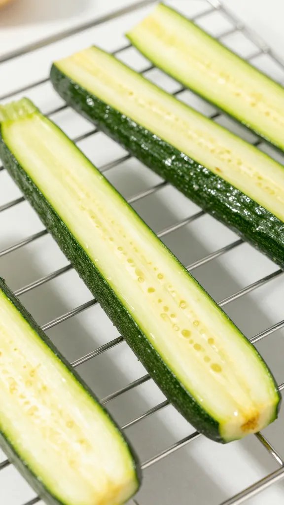 closeup of salted zucchini sticks draining on wire rack
