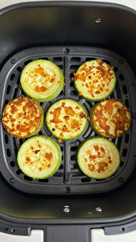 air fryer basket with one coated zucchini fry centered