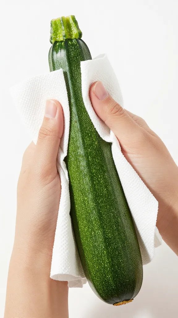hand blotting a single zucchini stick with paper towel