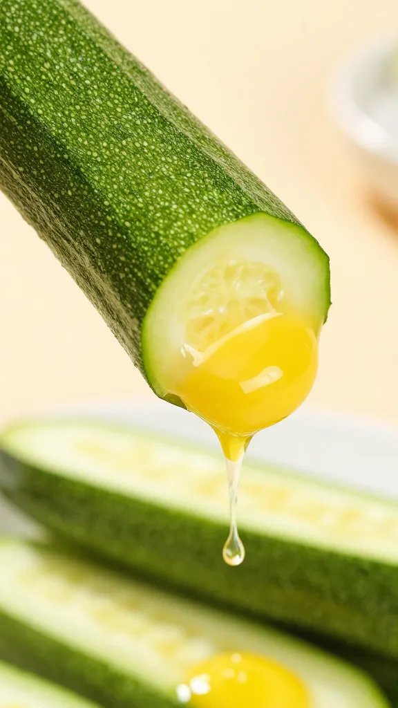 beaten egg-dipped single zucchini stick dripping, closeup
