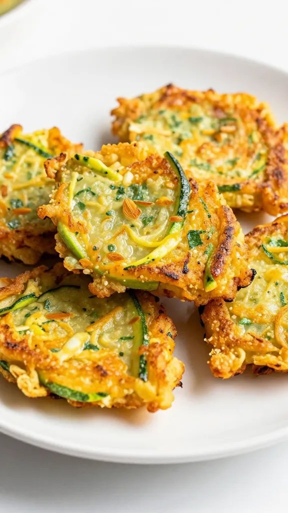 golden keto zucchini fry on white plate, shallow depth