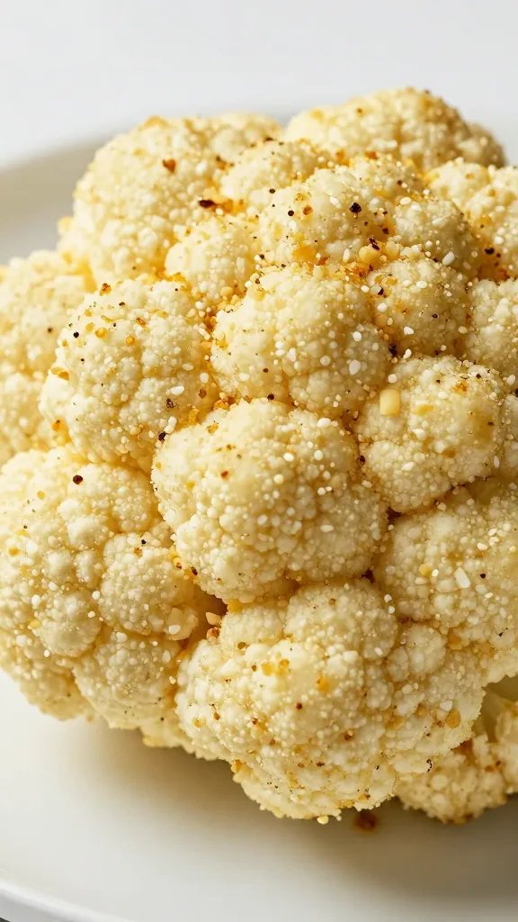 single cauliflower floret coated in garlic butter dry rub