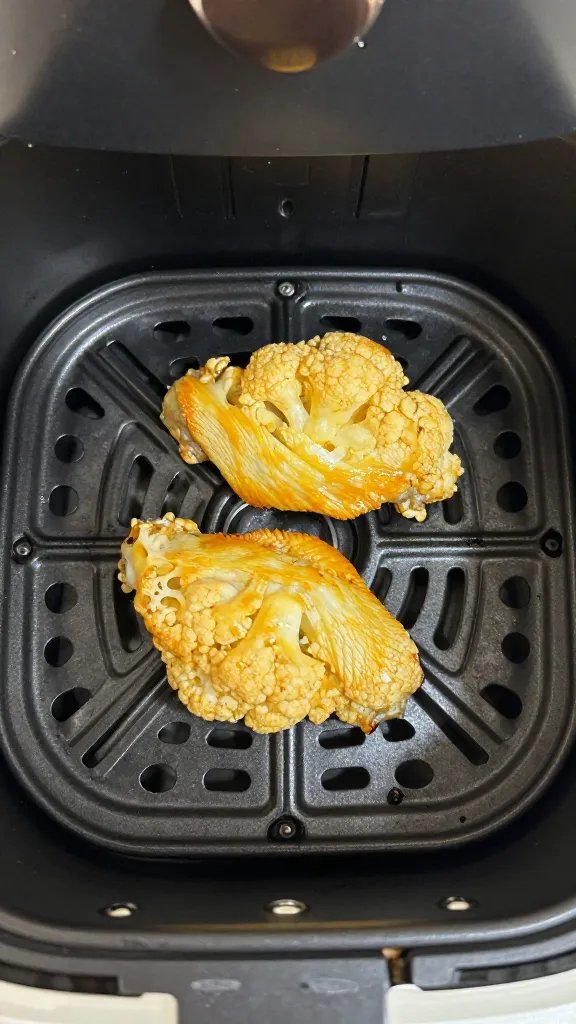 air fryer basket with one golden cauliflower wing