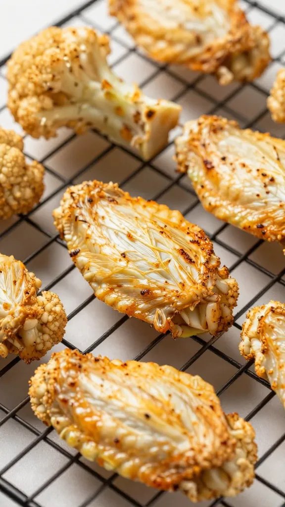 closeup of seasoned cauliflower wing on cooling rack
