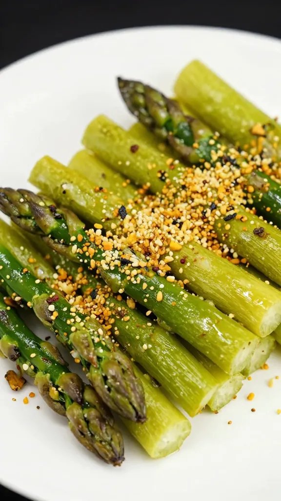 closeup of air-fried lemon pepper asparagus on white plate