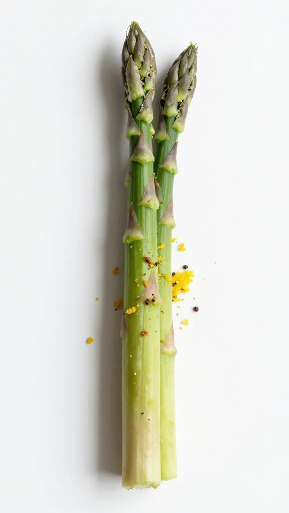 single asparagus spear with cracked pepper and lemon zest