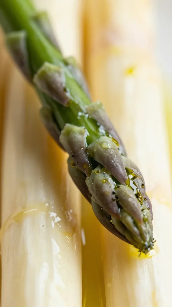 thick asparagus spear brushed with olive oil, macro shot