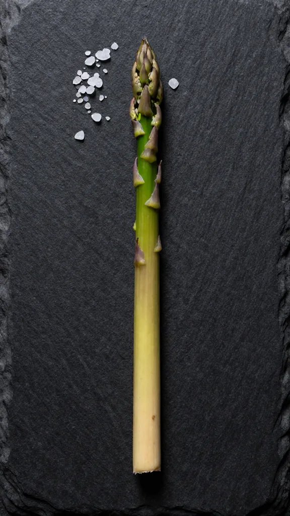pencil-thin asparagus spear on black slate, sea salt flakes