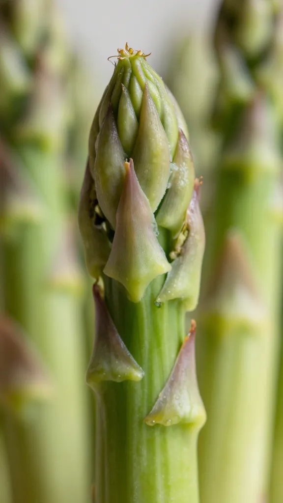 asparagus spear tip, tender-crisp texture, extreme closeup