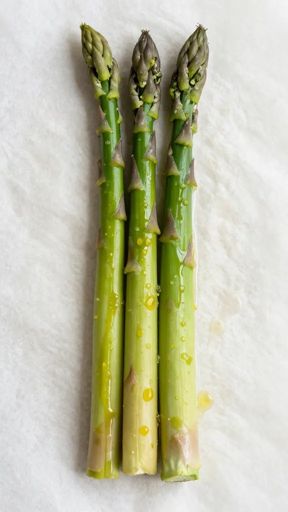 single seasoned asparagus spear on parchment, oil sheen
