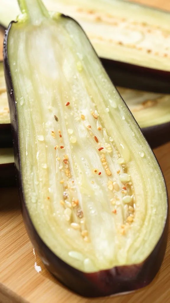 Closeup of salted eggplant slice beading moisture on board