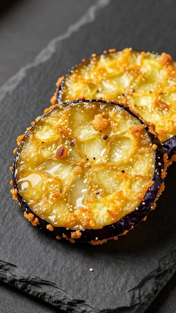 Golden, crispy air-fried eggplant round on black slate