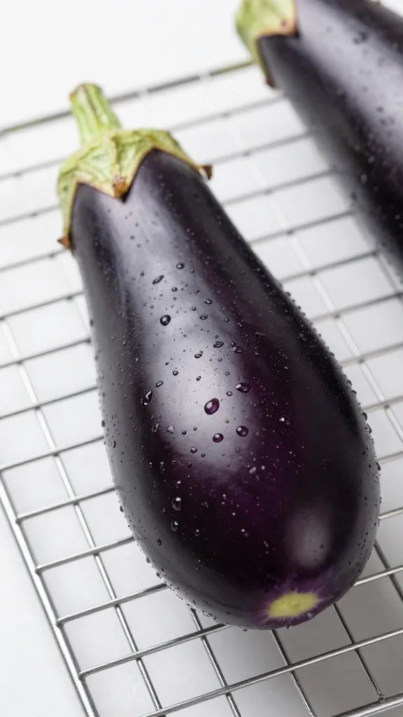 Eggplant slice on wire rack, moisture droplets underneath