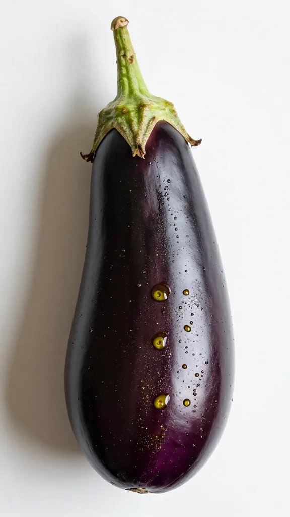 Single oiled eggplant round brushed with avocado oil