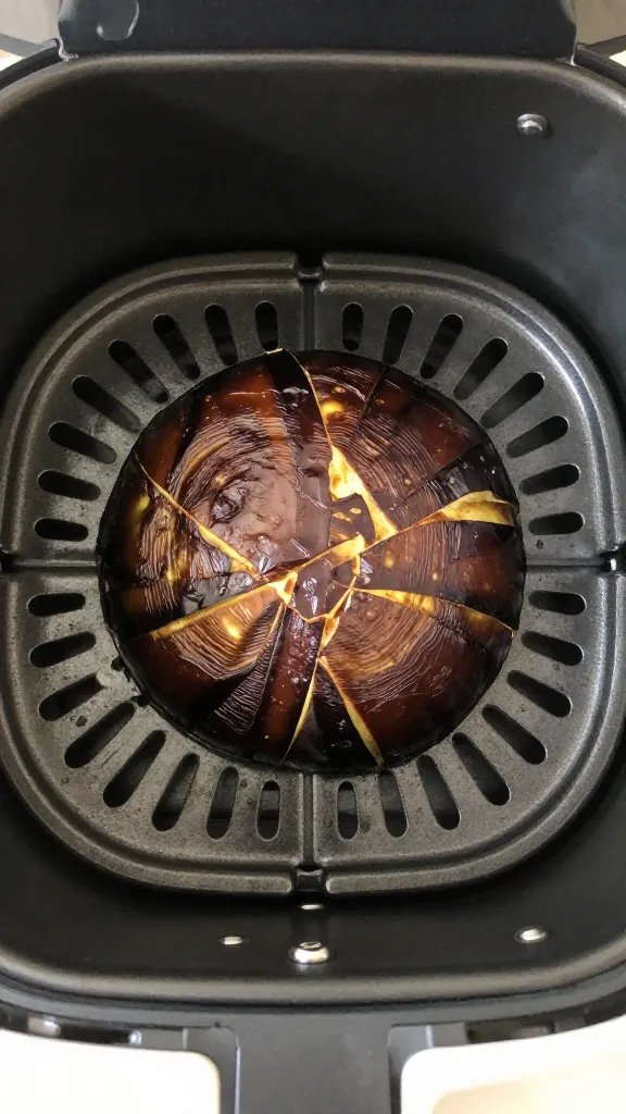 Air fryer basket with one browned eggplant round centered