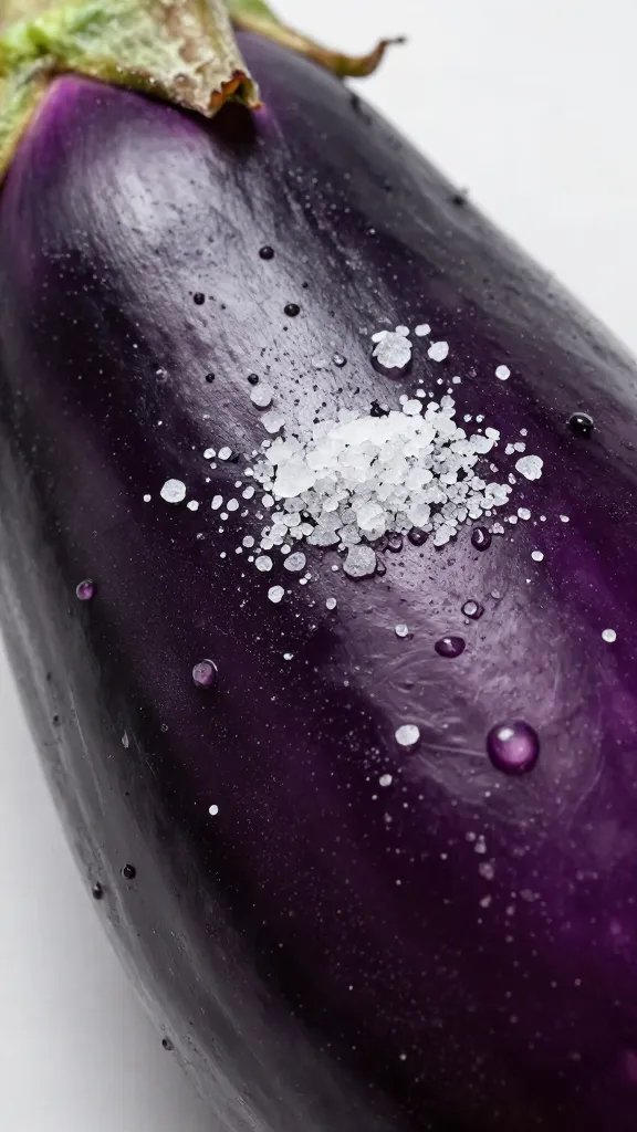Macro of salt-drawn brine pooling on eggplant surface